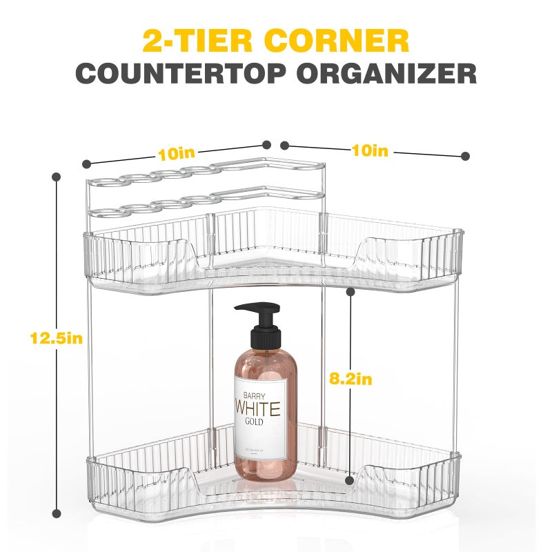 Asayuee 2-Tier Corner Bathroom Counter Organizer with Top Toothbrush Holders Large Makeup Organizer Countertop with Brush Holder Skincare Organizers Corner Exquisite Vanity Organizer(Clear  2 Tier) - Image 3